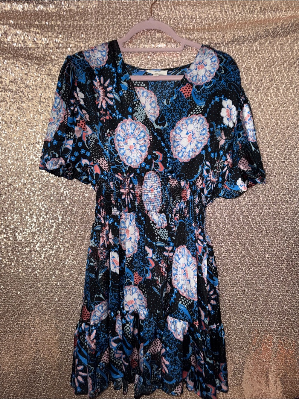 entro Black Floral V-Neck Smocked Mini Dress with Blue & Pink Accents